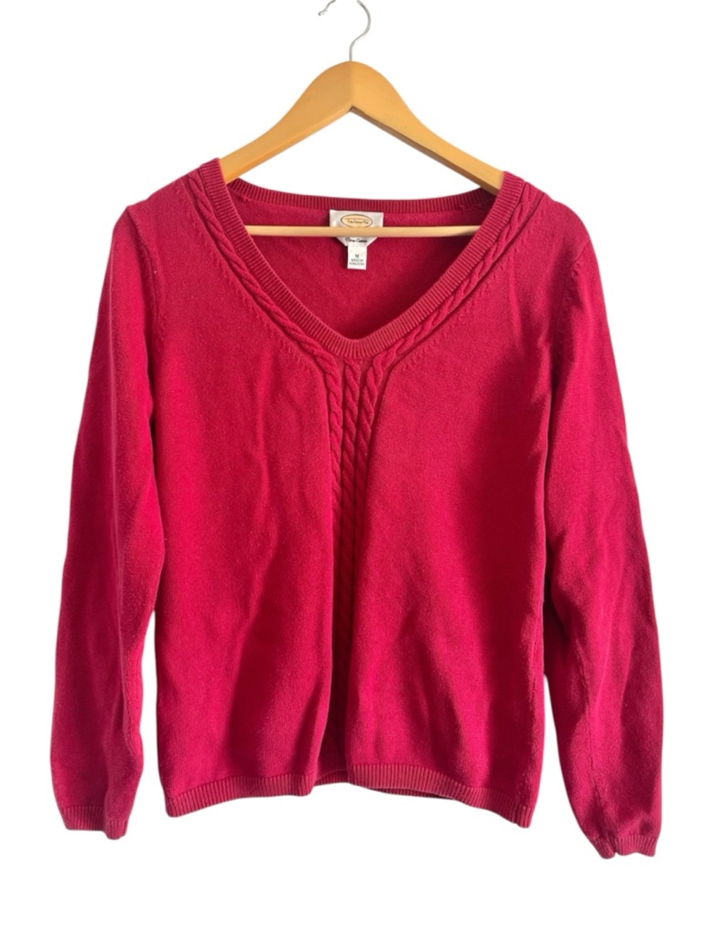Talbots Red Pima Cotton Cable Knit V Neck Sweater Sz M Preppy Quiet Luxury